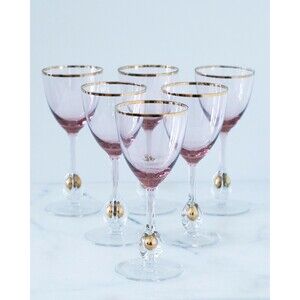 Vintage MCM Jozef Stanik Czech Gold Ball Stem Wine Glasses Set Of 6 Amethyst